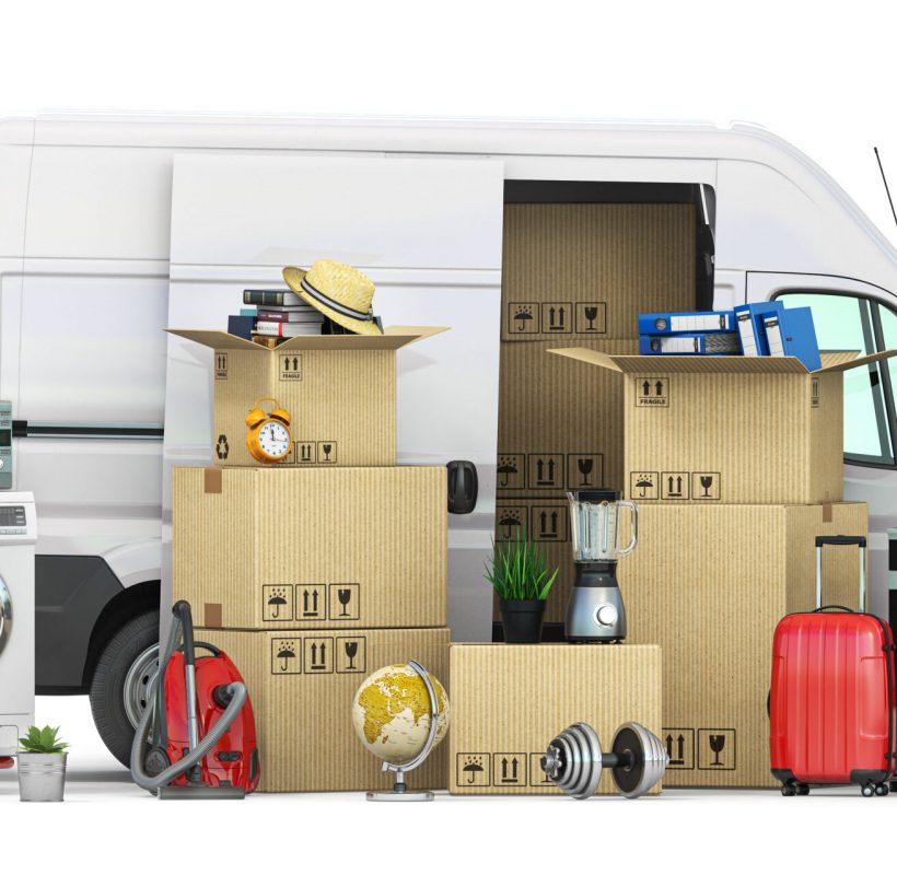 Delivery van full of household staff, boces and appliances. Moving to new house and family relocation concept. 3d illustration