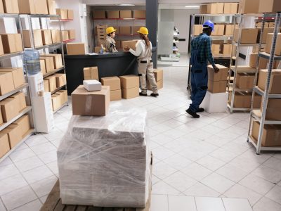 Post office storage workers managing parcels delivery